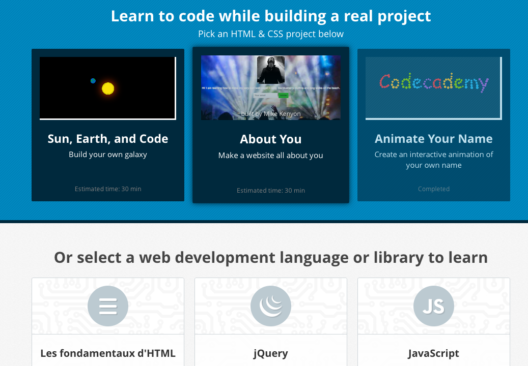 Capture d'écran du site Codeacademy